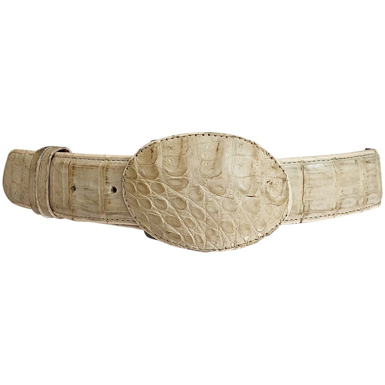 1970s Unisex Genuine Alligator Crocodile Skin Ivory Vintage 70s Western Belt For Sale at 1stDibs