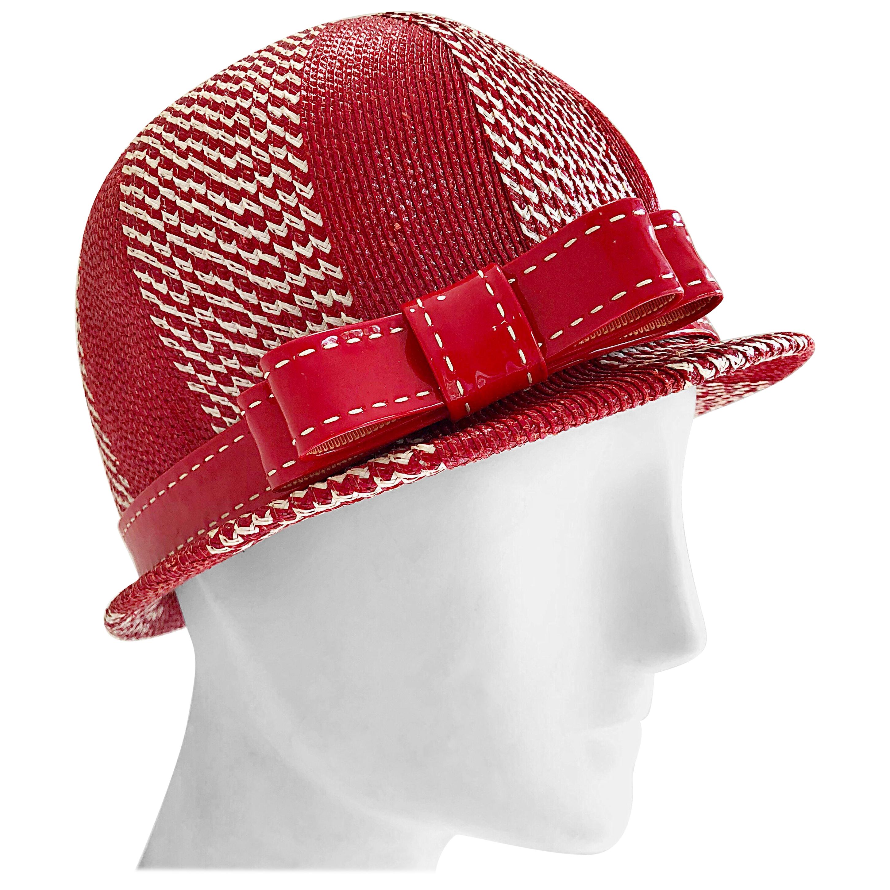 Chic 1960s Adele Claire Red + White Waxed Wicker Patent 60s Vintage Cloche Hat