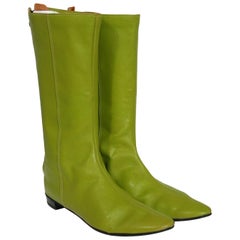 1960's Olive Green Leather Mod Zipper Back Flat Mid-Calf Designer Boots