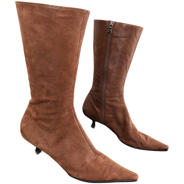 Prada Size 38.5 8.5 Brown Leather Mid Calf Kitten Heel Boots Booties 2000s at 1stDibs | platform