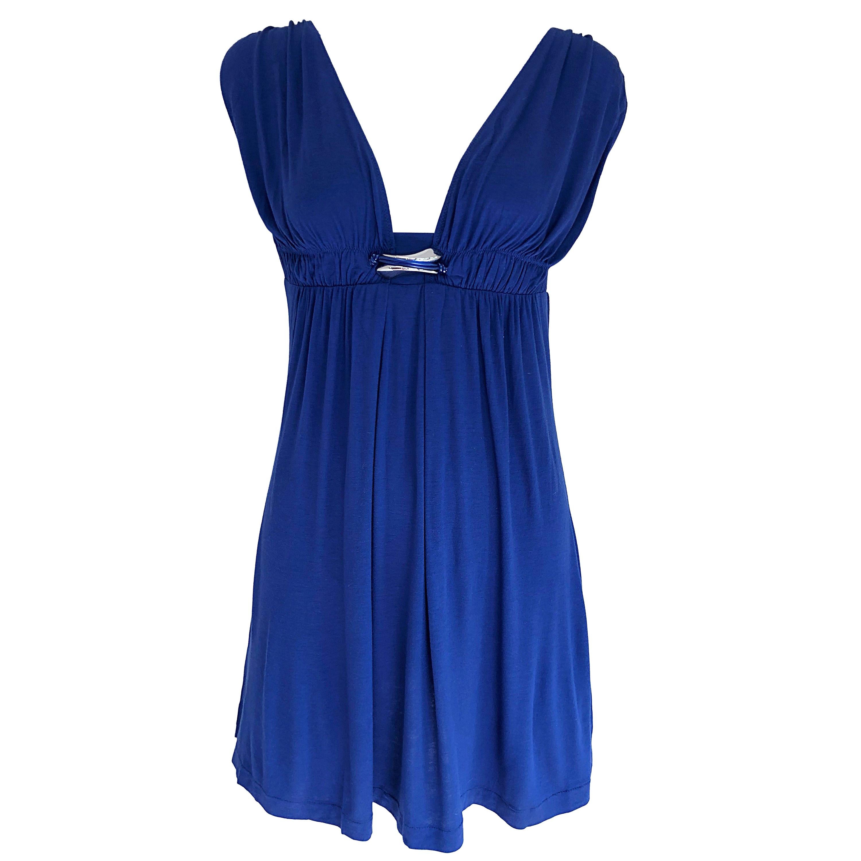 1990s La Perla Navy Blue Lightweight Cotton + Silver Plaque 90s Tunic Mini Dress For Sale