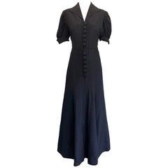 1940s Demi Couture Black Silk Moire Short Sleeve Vintage 40s Evening Gown Dress