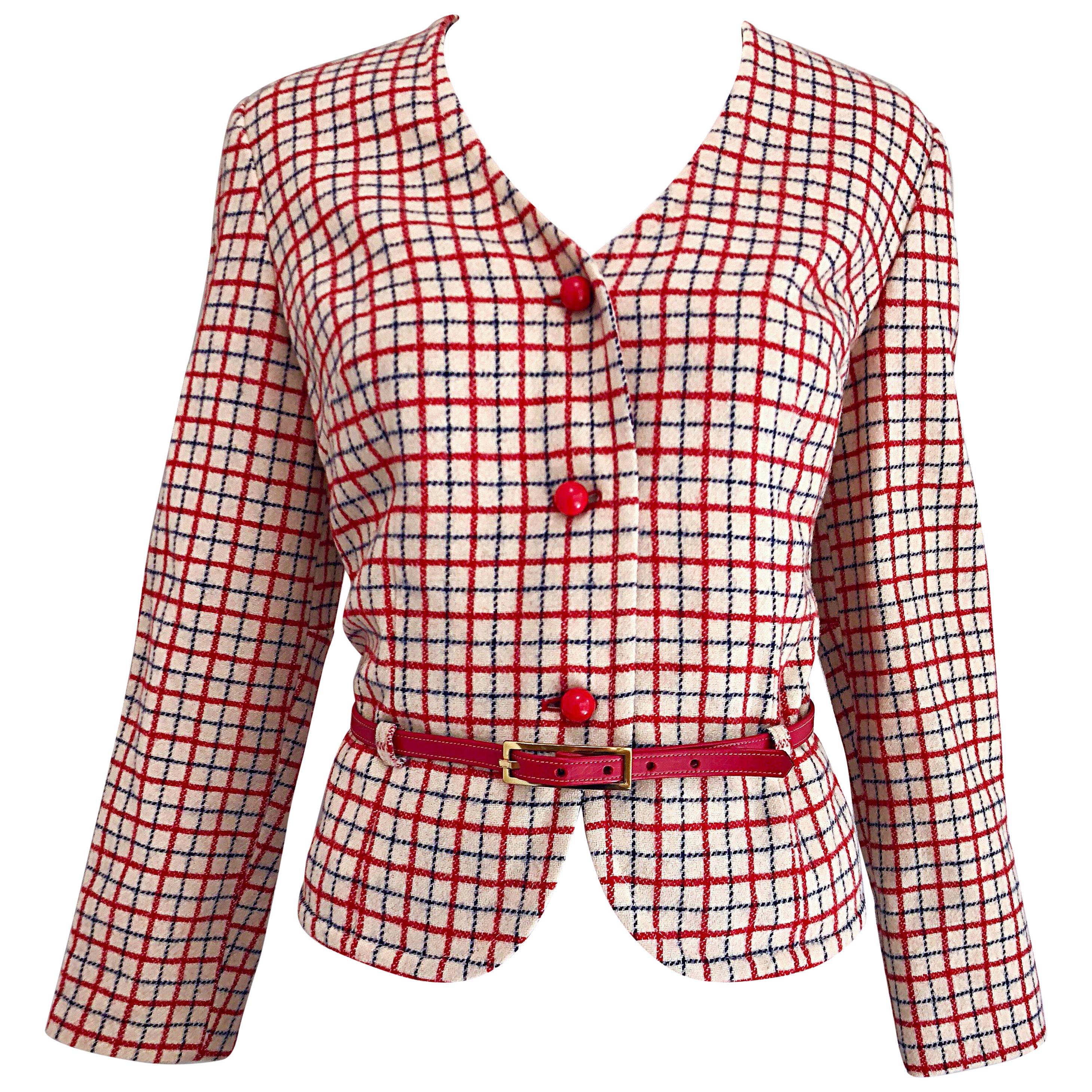 1960s Pendleton Red, White and Blue Belted Wool 60s Vintage Checkered Jacket