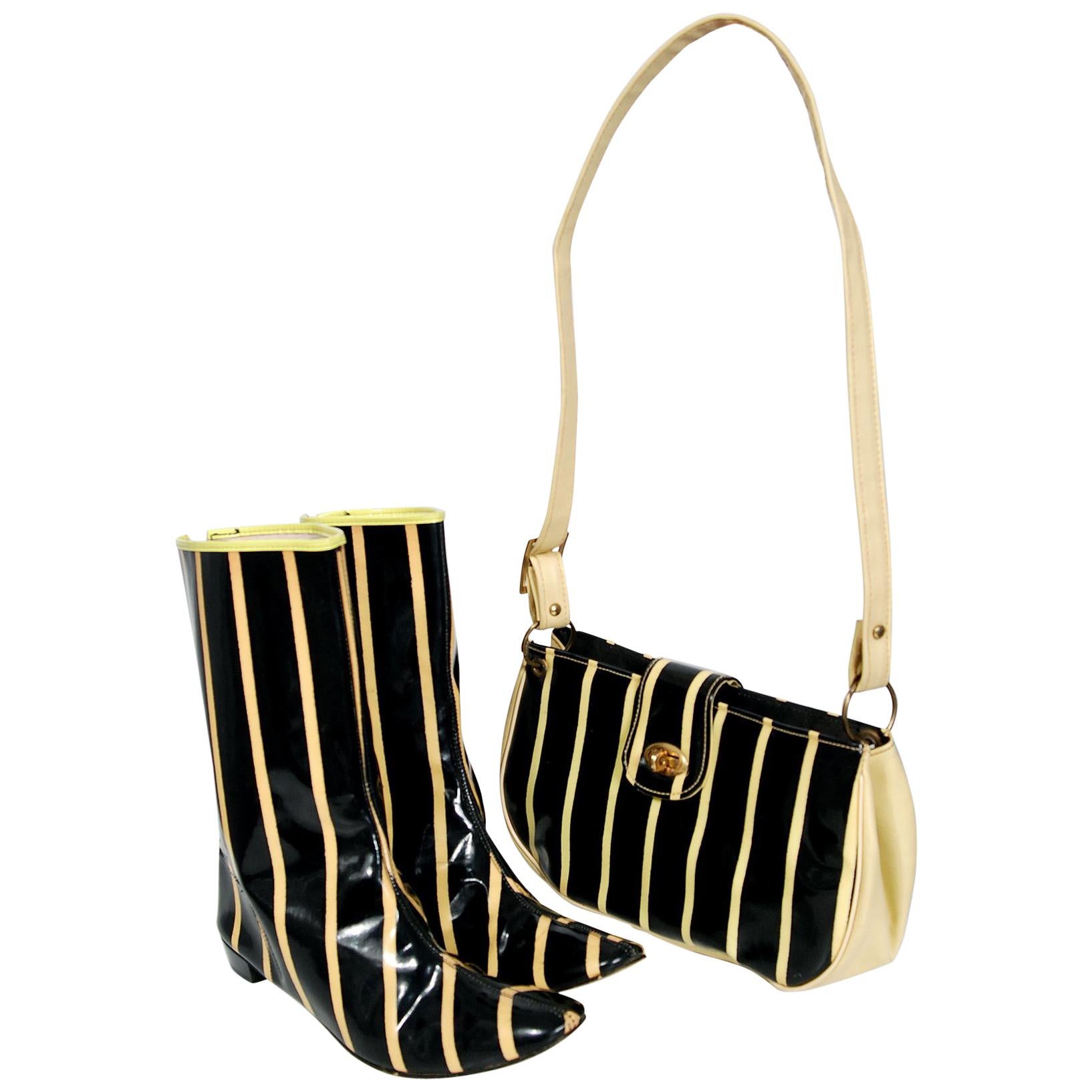 1960's Glow In The Dark Yellow & Black Striped Vinyl Mod Flat Boots Purse Set 