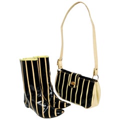 Vintage 1960's Glow In The Dark Yellow & Black Striped Vinyl Mod Flat Boots Purse Set