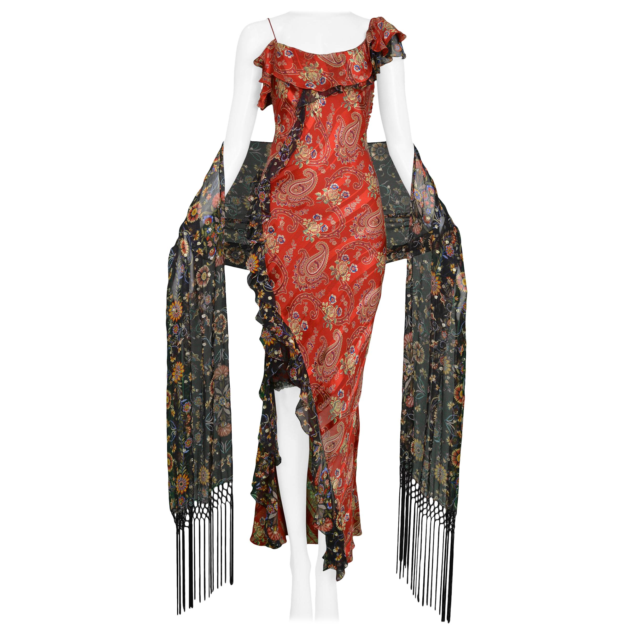 John Galliano for Dior Red Paisley Dress and Shawl Ensemble 