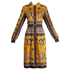 Oscar de la Renta Retro Silk Jersey Knit Shirt Dress with Scarf Print, 1960s 