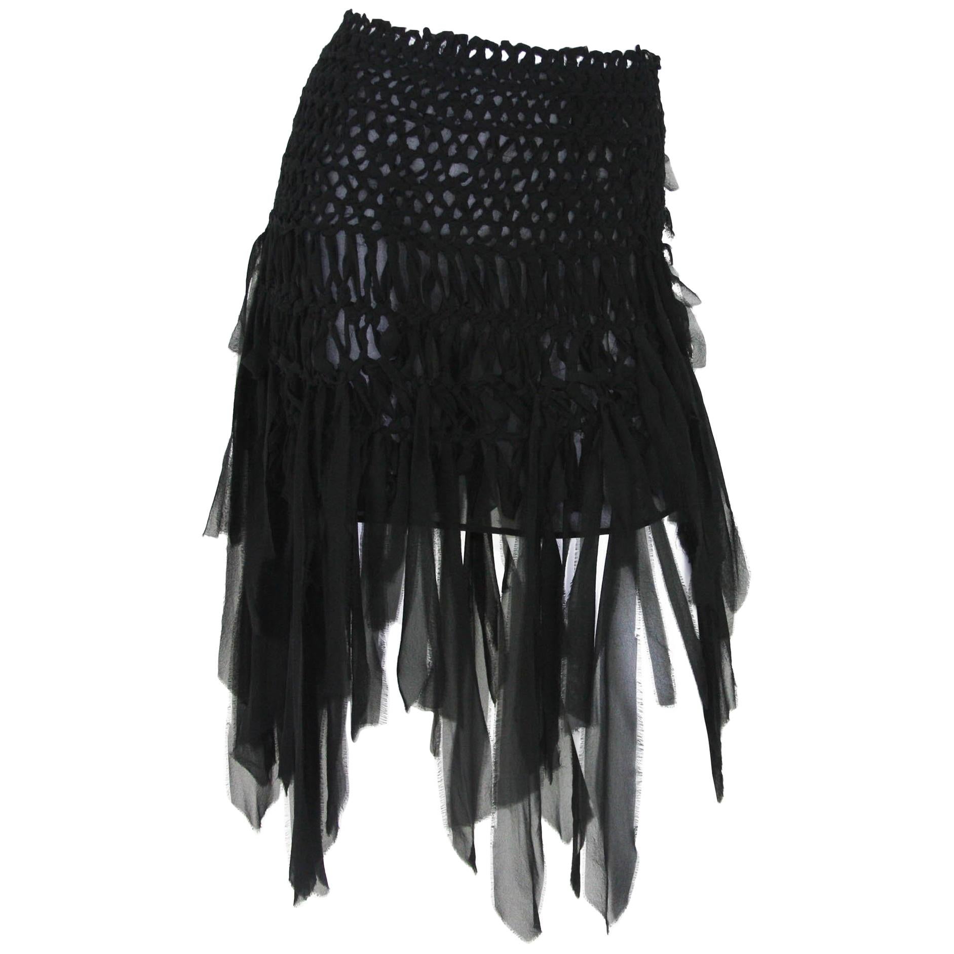 Tom Ford for Yves Saint Laurent Mini Black Silk Woven Fringe Skirt, S / S 2002