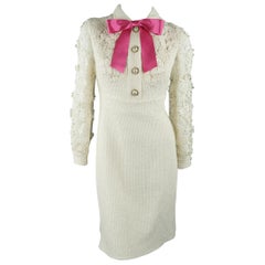 Gucci Kleid - Creme Tweed Spitze Ärmel Rosa Schleife Cocktailkleid