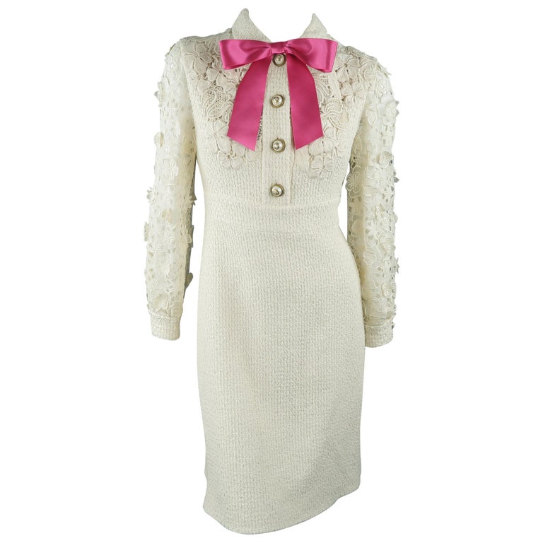 gucci pink bow dress Gucci Dress - Cream Tweed Lace Sleeve Pink Bow Cocktail Dress at 1stDibs