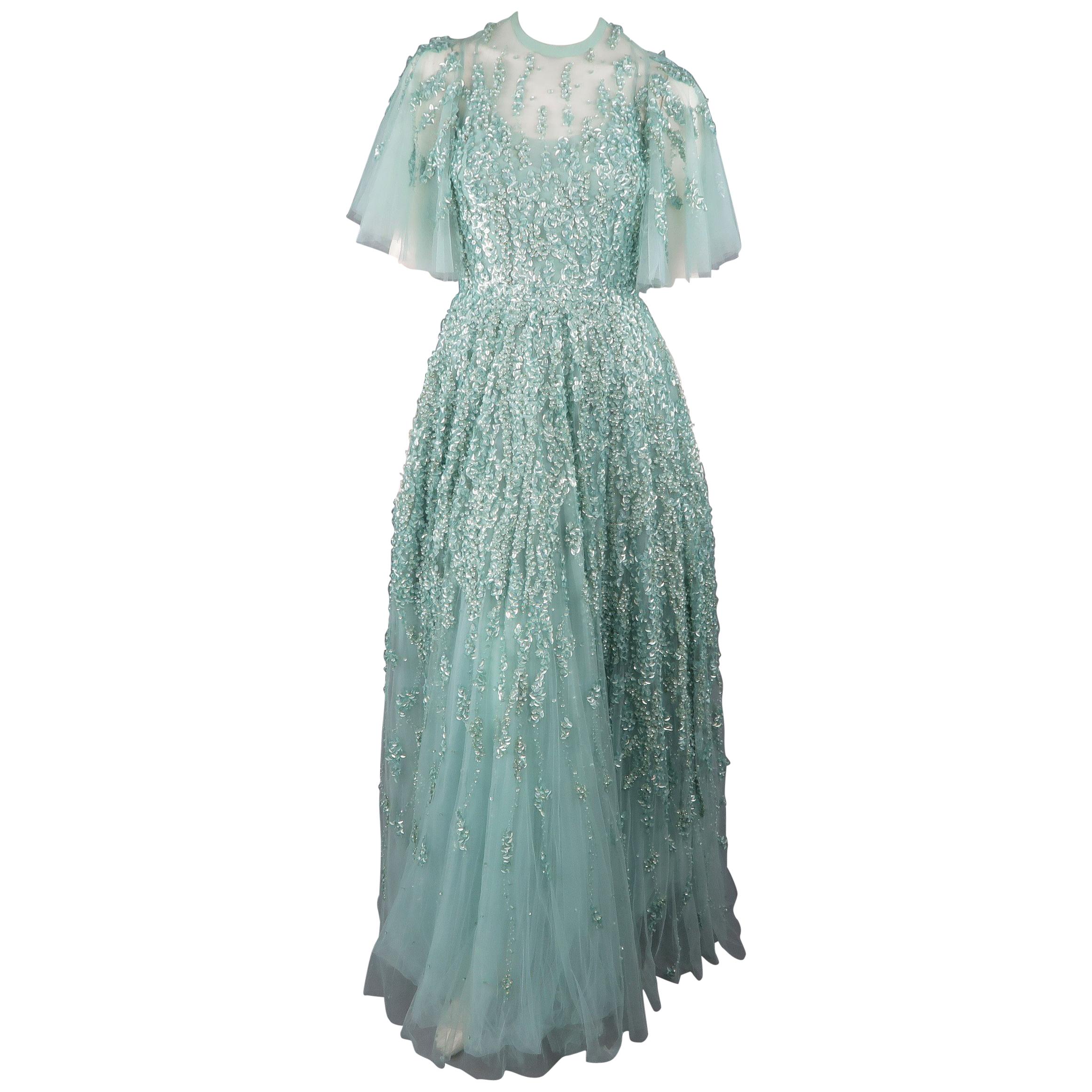 Elie Saab New Sea Foam Silk Beaded Floral Sequin Tulle Dress Gown 