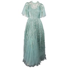 Elie Saab New Sea Foam Silk Beaded Floral Sequin Tulle Dress Gown