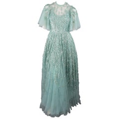 Used Elie Saab New Sea Foam Silk Beaded Floral Sequin Tulle Dress Gown 