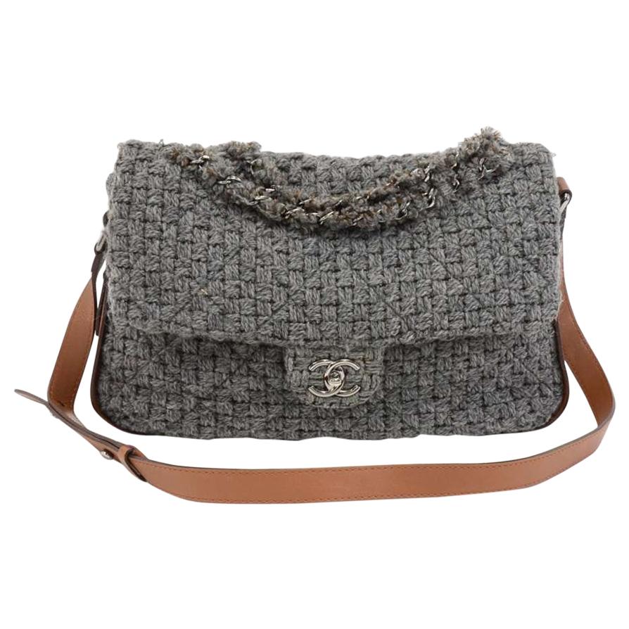Chanel Gray Quilted Wool & Brown Leather Shoulder Flap Bag For Sale