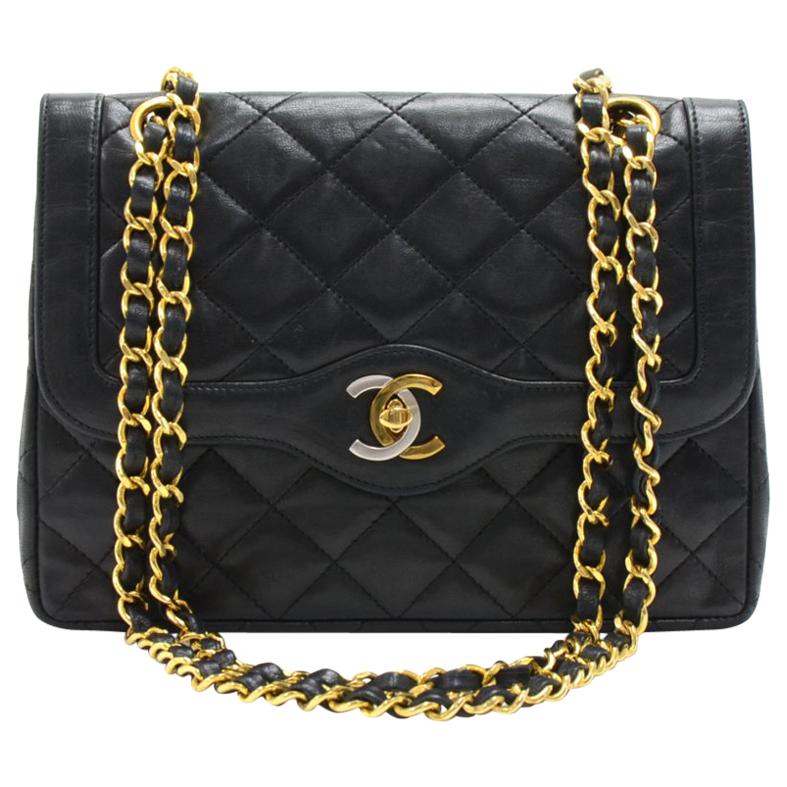 Vintage Chanel 8" Double Flap Black Quilted Leather Paris Limited Shoulder Bag For Sale