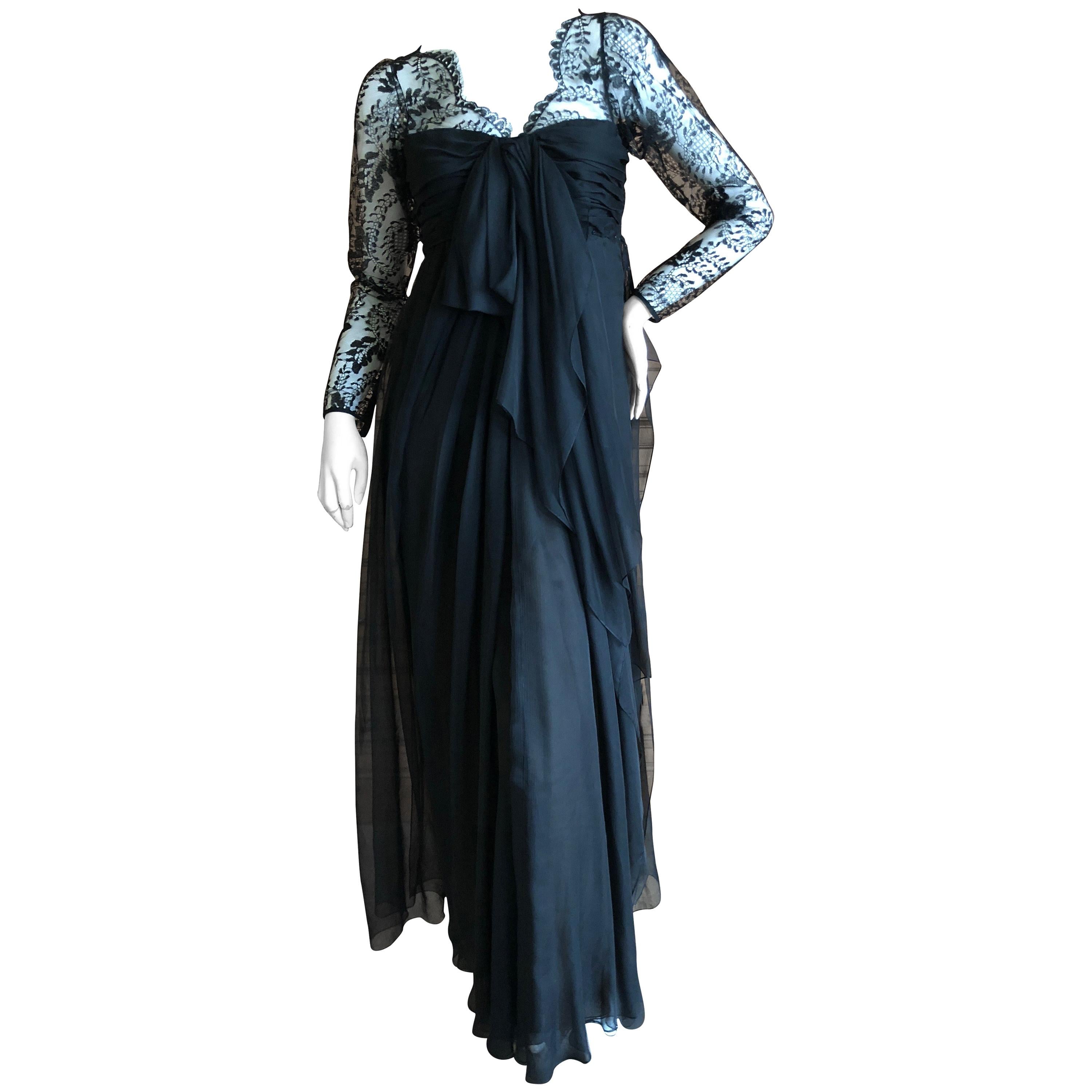 Yves Saint Laurent Numbered Haute Couture 1970's Black Lace Flou Evening Dress For Sale