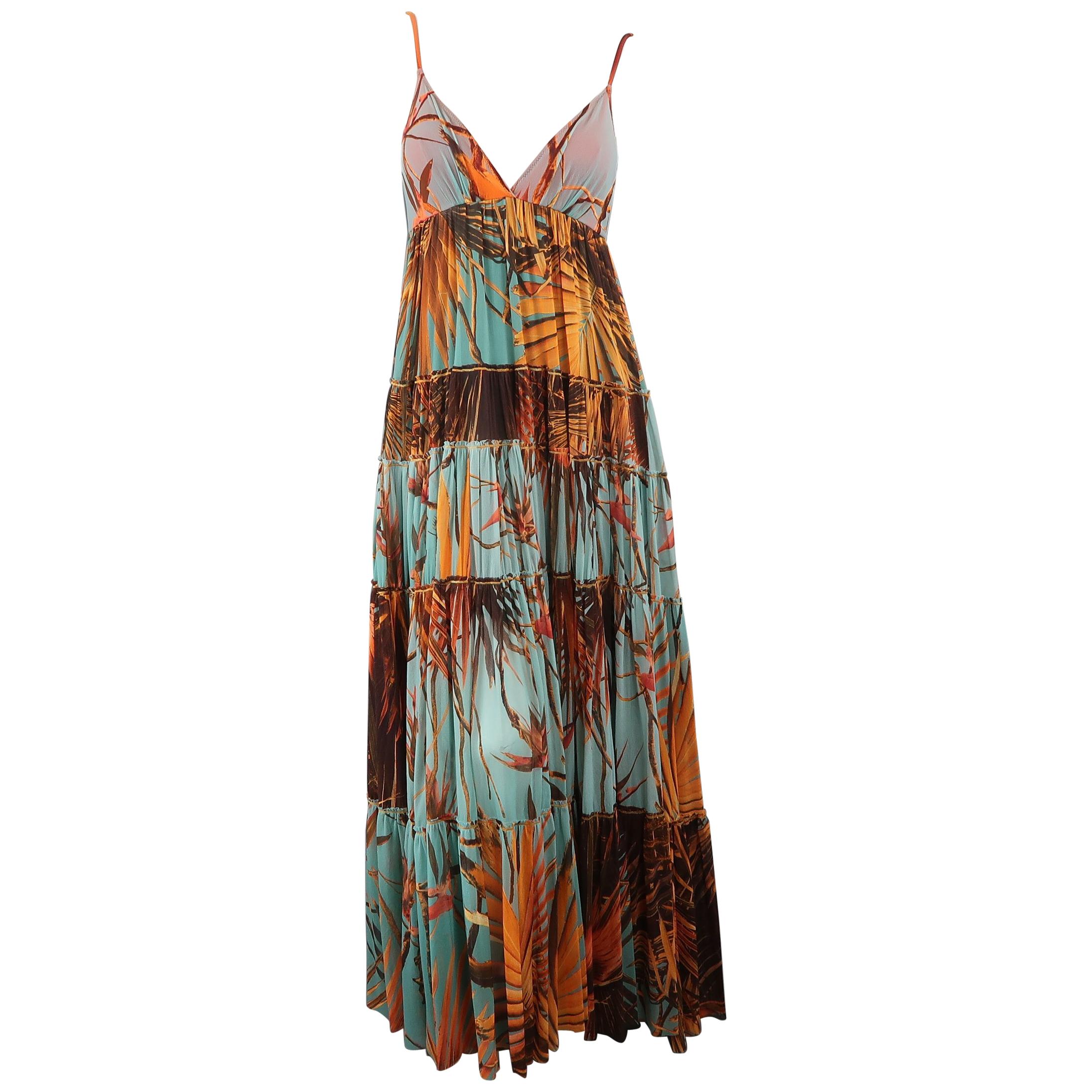 JEAN PAUL GAULTIER Size S Blue 
Orange Palm Leaf Print Mesh Maxi Dress
