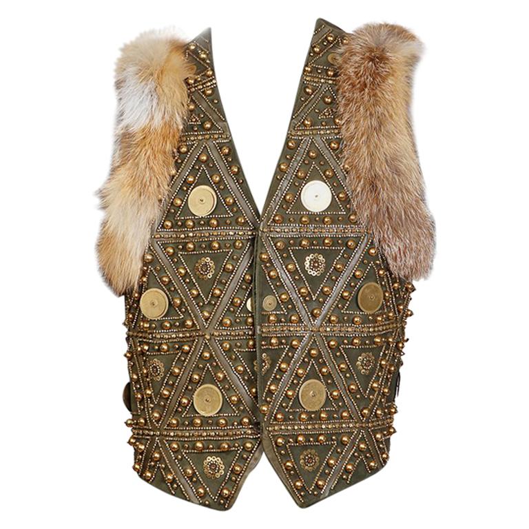 John Galliano Embellished Green Leather Vest with Fur Trim, 2000s