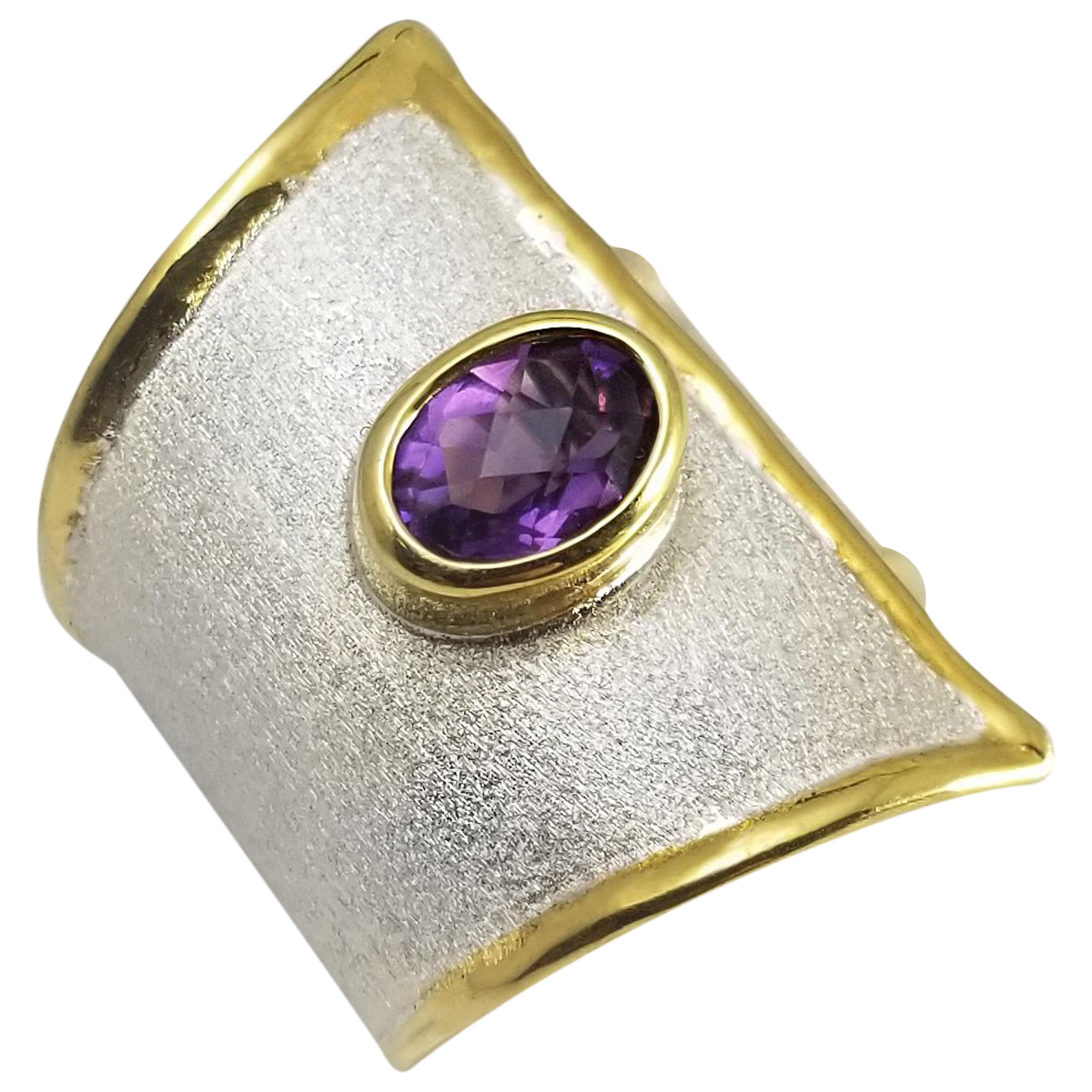 1.25 Carat Amethyst 24K Gold trims Fine silver 950 Overlapping Statement Ring  For Sale
