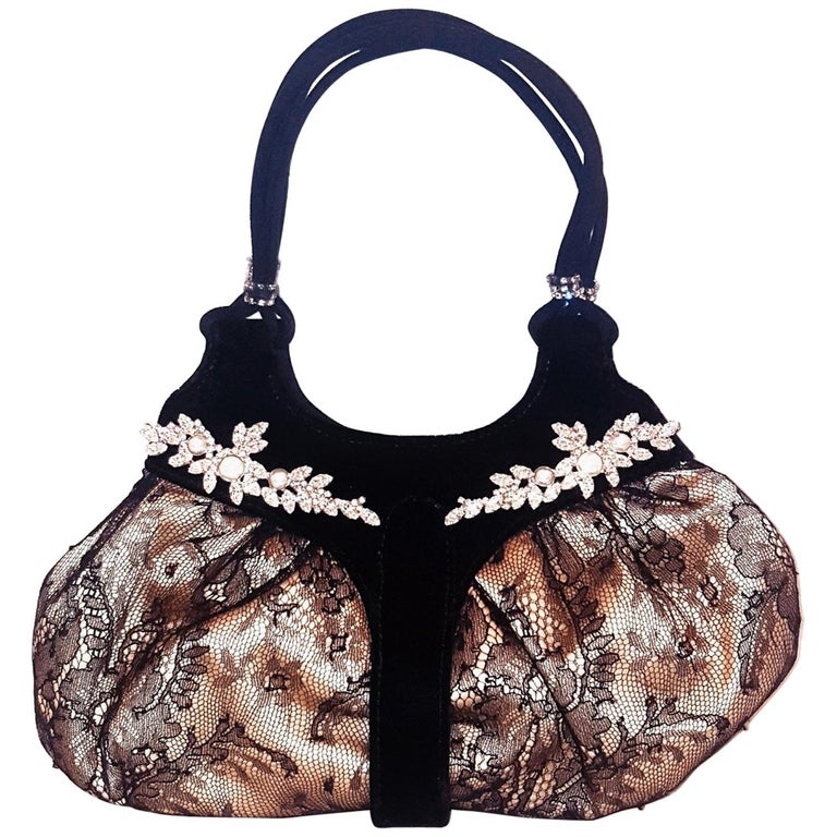 Rene Caovilla Black Lace Satin Lined Velvet And Swarovski Trim Rene Caovilla Black Lace Satin Lined Velvet And Swarovski Trim Handbag For