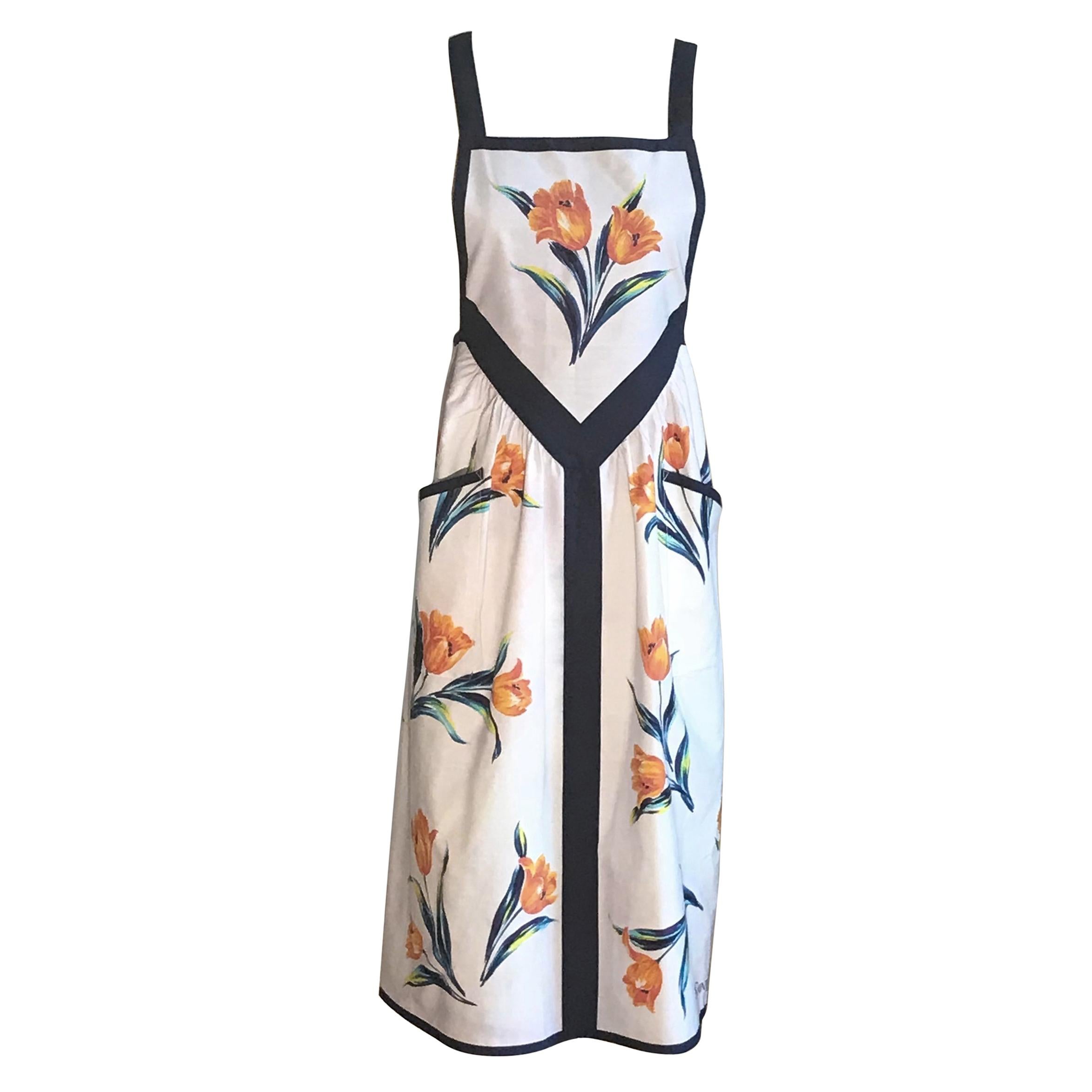 Yves Saint Laurent YSL Vintage White Floral Dress Style Apron Orange and Blue