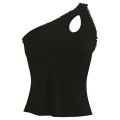 Stephen Burrows 1970s Black One Shoulder Jersey Top with Lettuce Edge