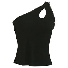 Vintage Stephen Burrows 1970s Black One Shoulder Jersey Top with Lettuce Edge