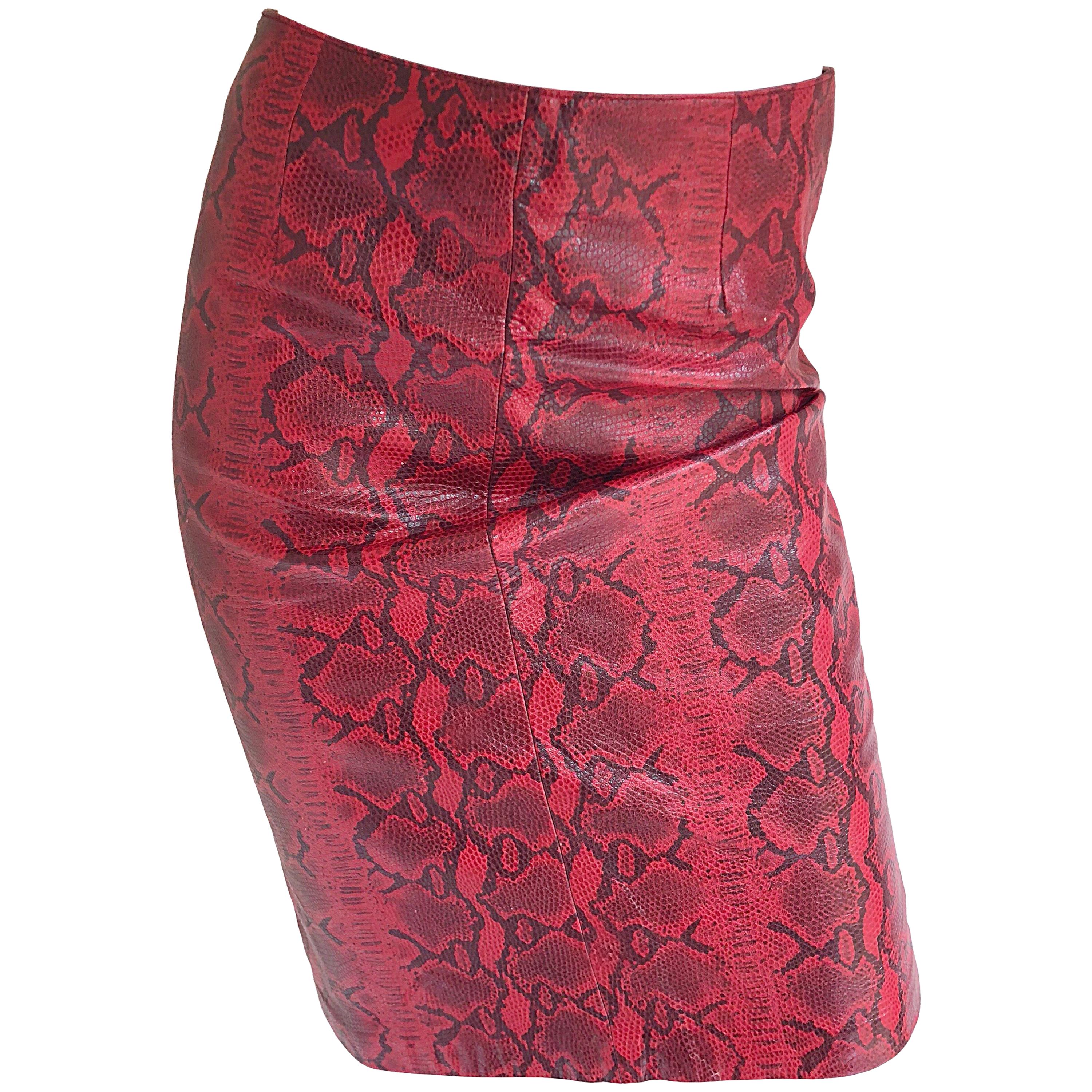 Sexy 1980s Red Leather Snake Skin High Waisted 80s Vintage Wiggle Pencil Skirt For Sale