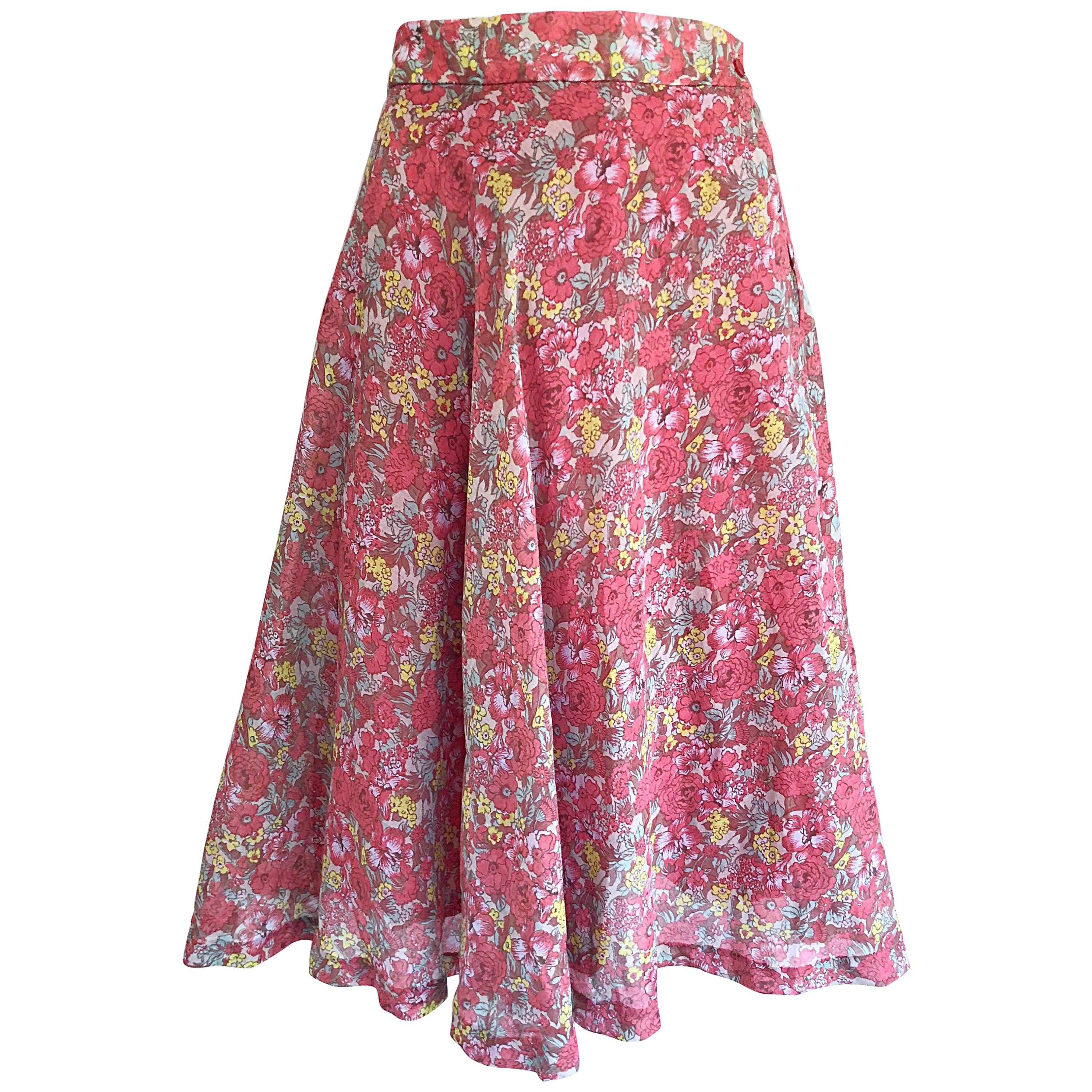 Flirty 1950s French Made Raspberry Pink Flower Print Cotton Voile Circle Skirt