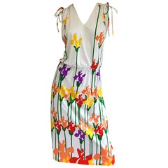 Lanvin Vintage 1970 Tulip Butterfly Print Colorful 70s Jersey Drawstring Dress