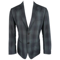 HERMES 42 Regular Gray & Muted Teal Plaid Wool Light Weight Sport Coat / Jacket