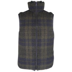 TS (S) L Navy & Olive Plaid Wool Reversible Down High Collar Vest