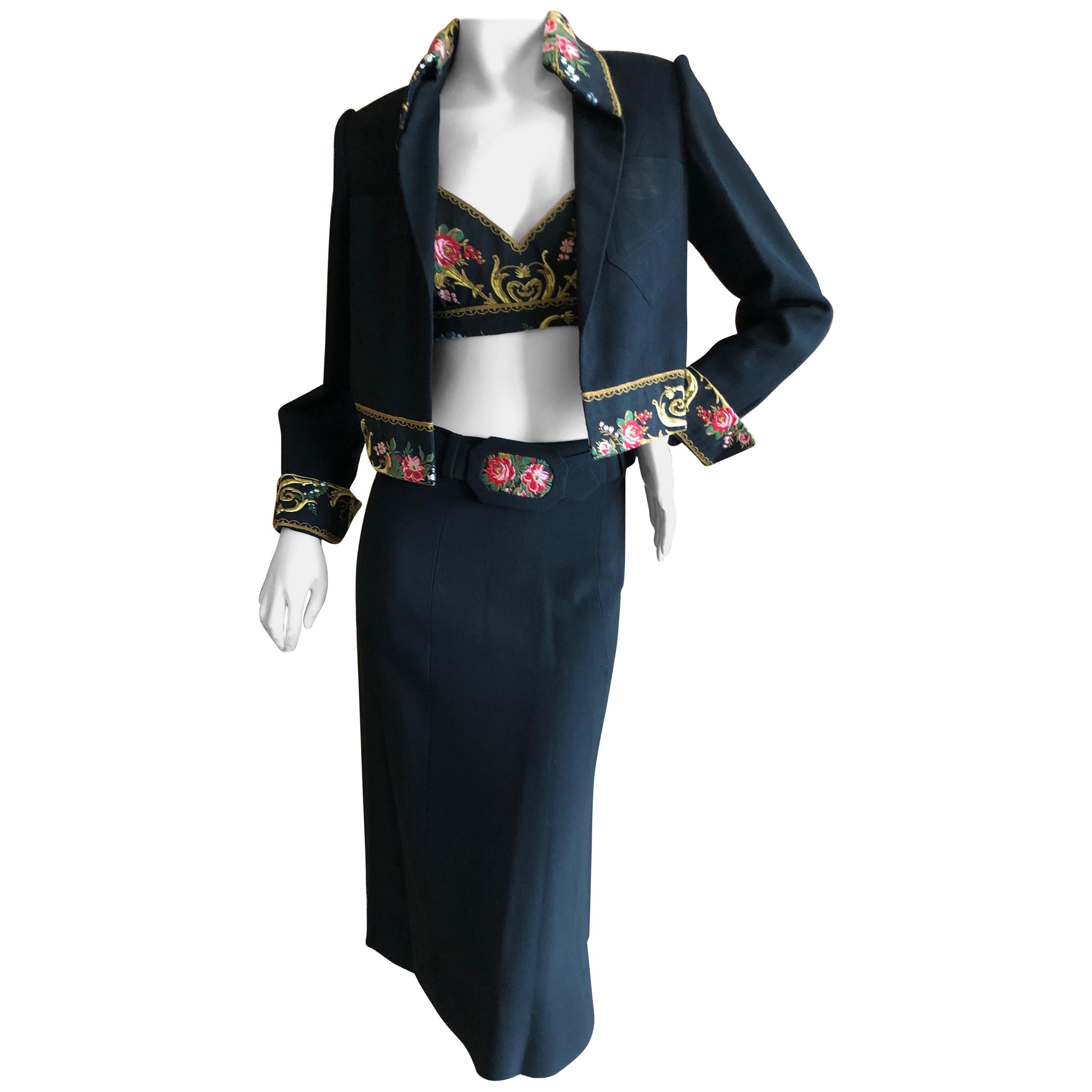 Cardinali Embroidered Black Cotton Skirt Suit with Midriff Baring Bra Fall 1971  For Sale