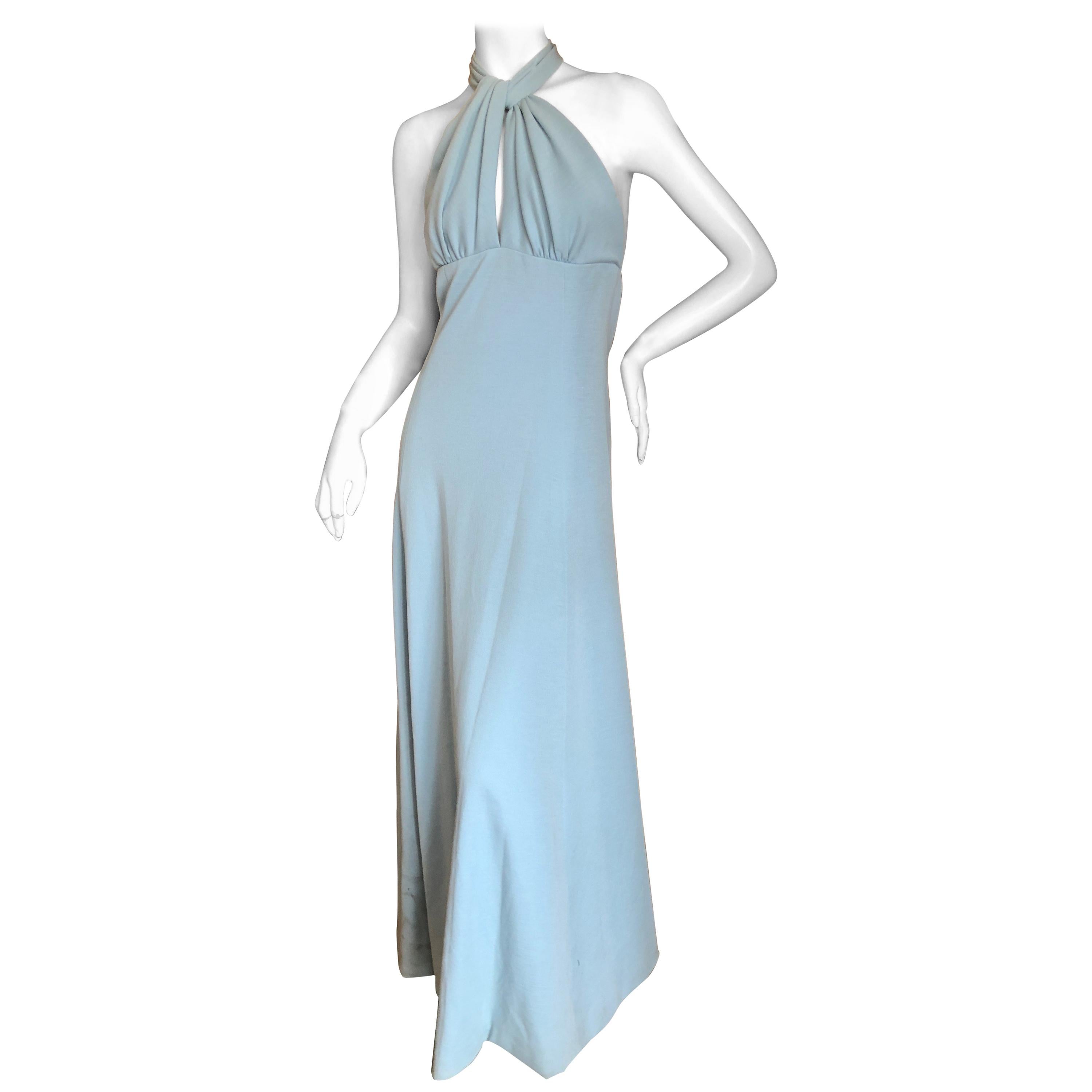 Cardinali Blue Crepe Jersey Keyhole Halter Evening Dress  Fall 1973 For Sale