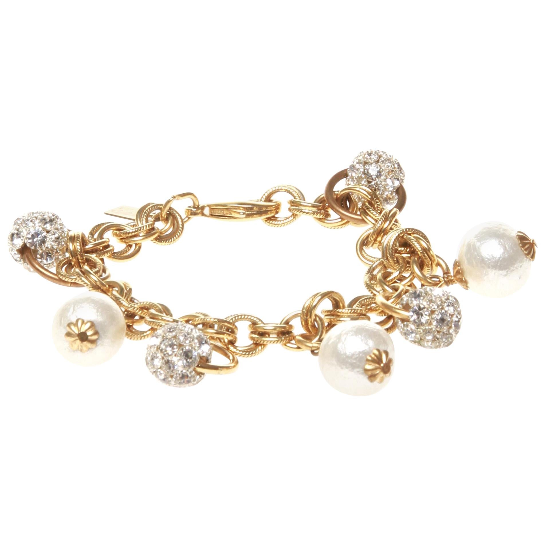 John Wind gold bracelet with pearls and crystal charms For Sale