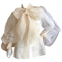 Cardinali Sheer Ivory Silk Blouse with Dramatic Sleeves and Bow  Fall 1971