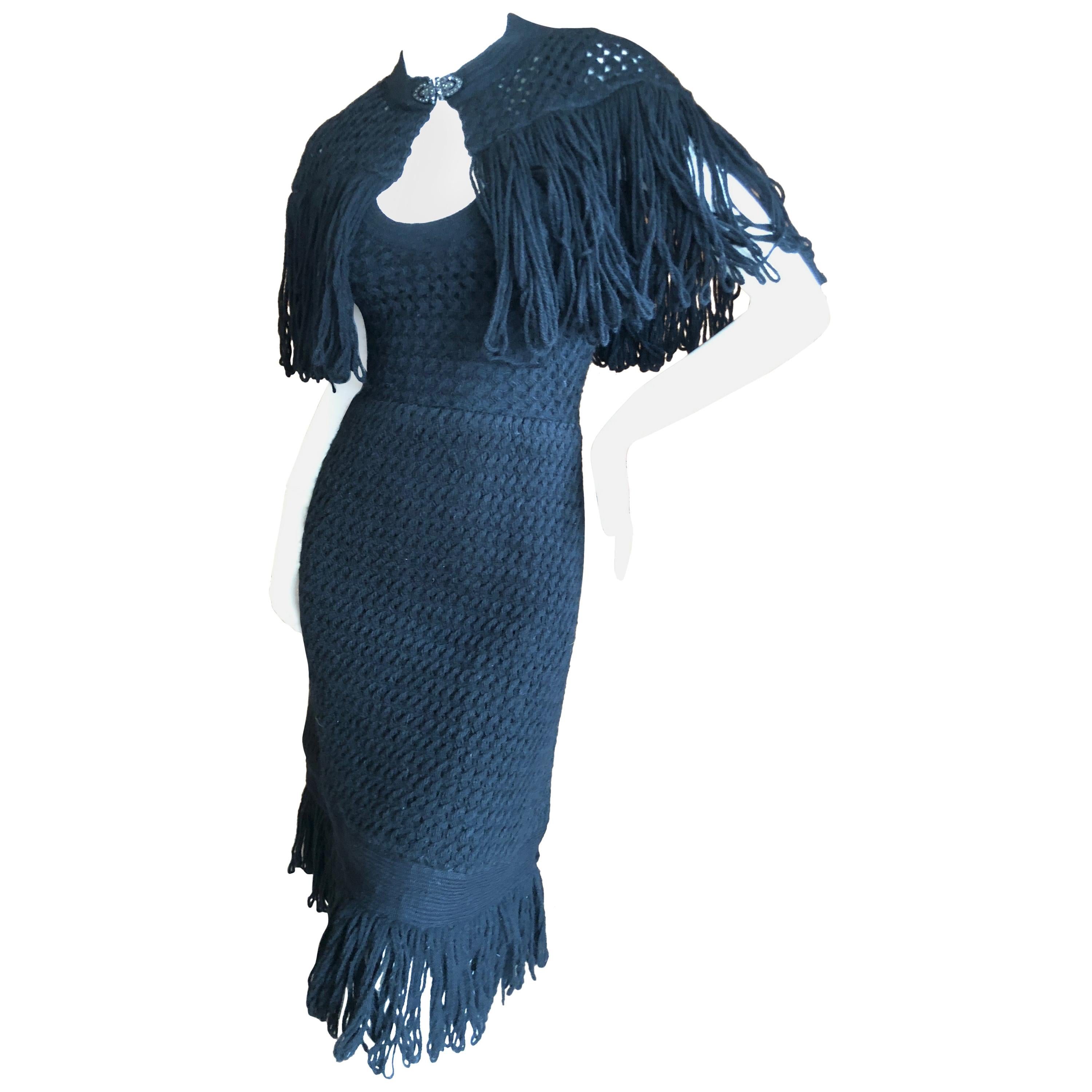 Cardinali Black Silk Lined Crochet Dress with Matching Fringed Shawl Fall 1971  For Sale