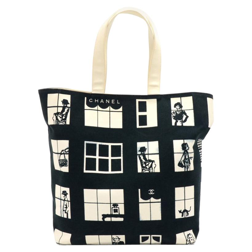 Chanel Coco Window Black and White Canvas Tote Bag For Sale at