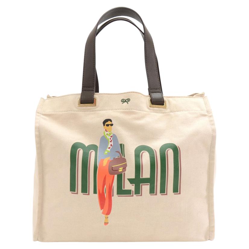 Anya Hindmarch Milan Fashionista White Canvas Tote Bag For Sale