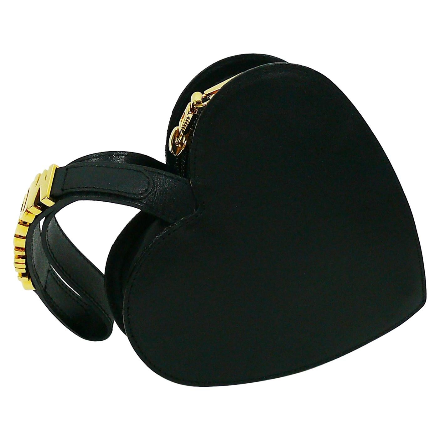 Moschino Vintage Black Leather Logo Heart Wristlet Bag