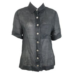 Chanel - Chemise en lin noir à manches courtes et col