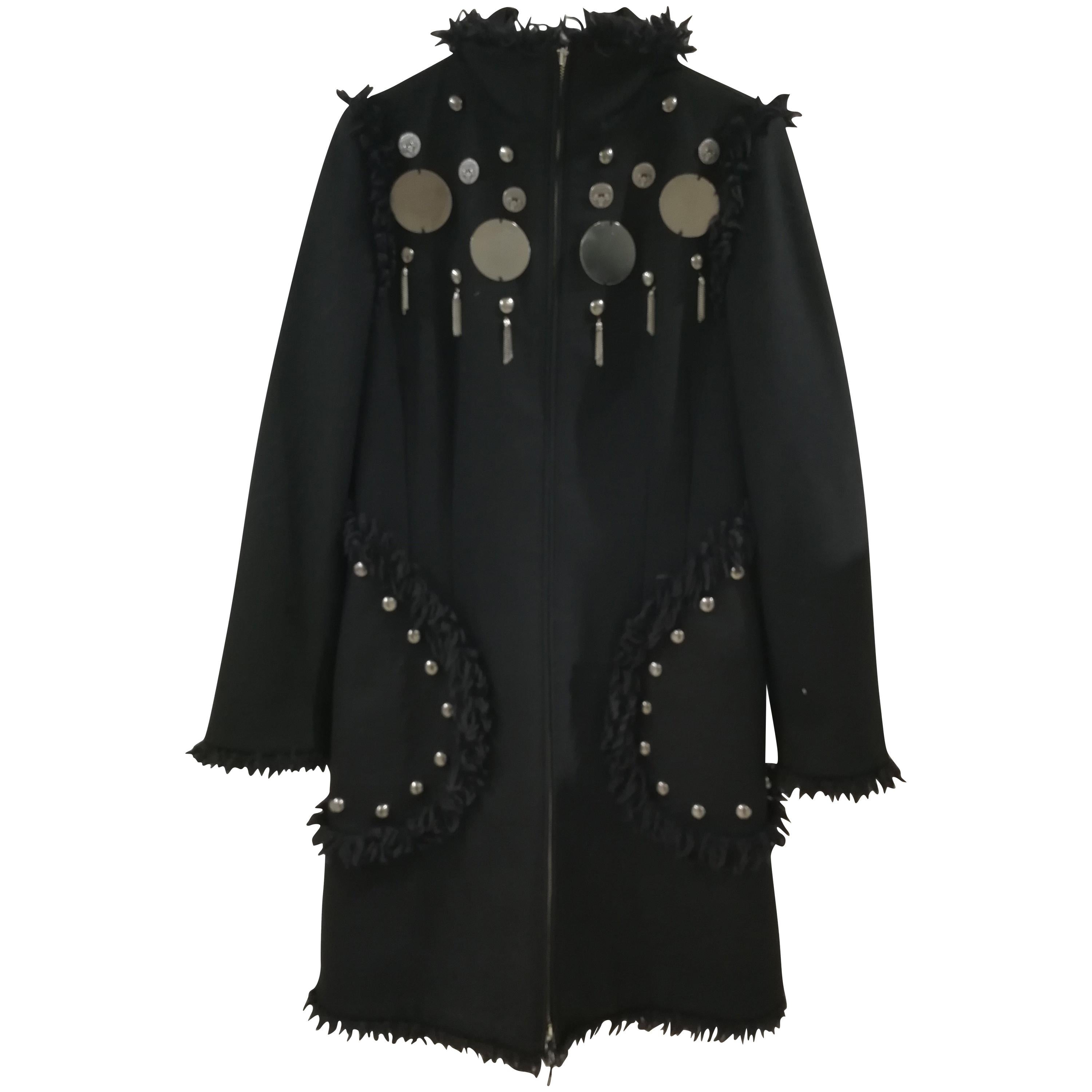 Moschino Jeans Silver tone Studs Black Wool Coat