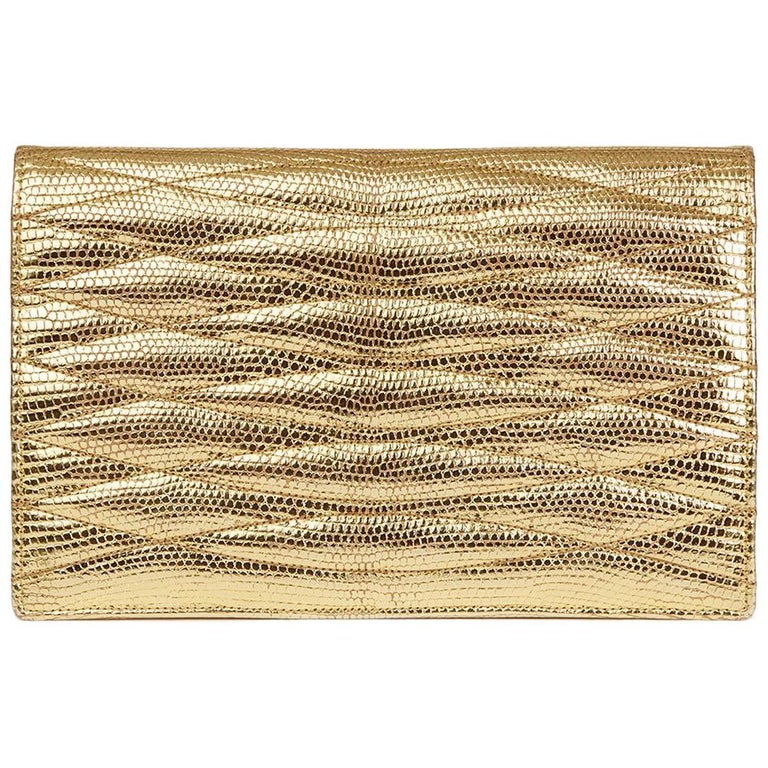 1991 Chanel Metallic Gold Wave Quilted Lizard Leather Vintage Timeless