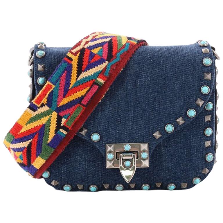 Valentino Rolling Rockstud Crossbody Bag Denim with Cabochons Small