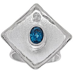 Yianni Creations 1.60 Carat Blue Topaz and Diamond Fine Silver 950 Square Ring