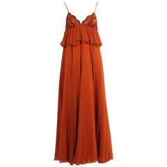 Jean Varon Cinnamon Chiffon Gown with Beaded Top, 1970s 