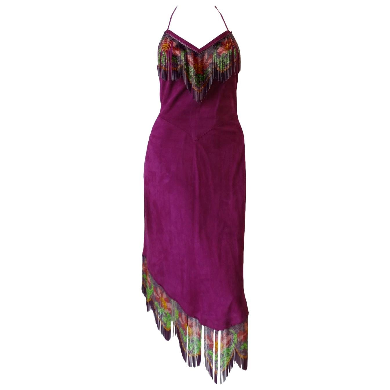 Bohemian Beaded Floral Fringe Purple Suede Halter Dress 