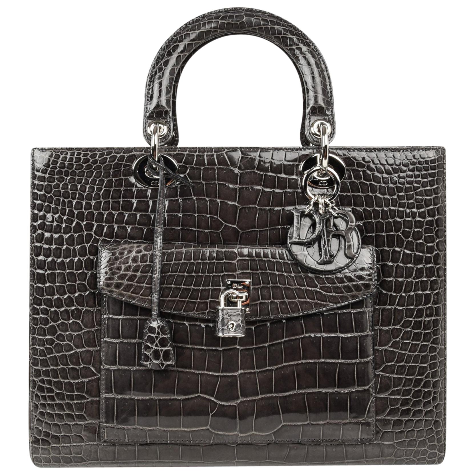 Christian Dior Lady Dior Front Pocket Gray Crocodile Bag With Shoulder Strap