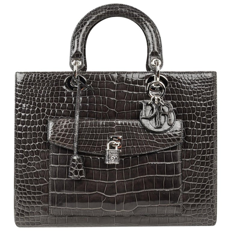 Christian Dior Lady Dior Front Pocket Gray Crocodile Bag With Shoulder
