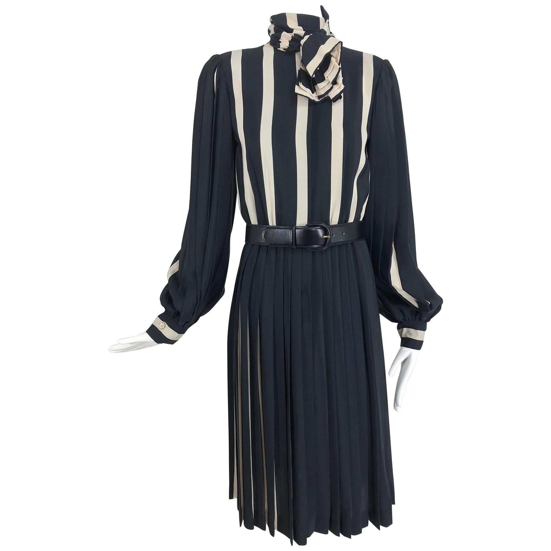 Bill Blass pleated silk black and tan stripe dress 1970s